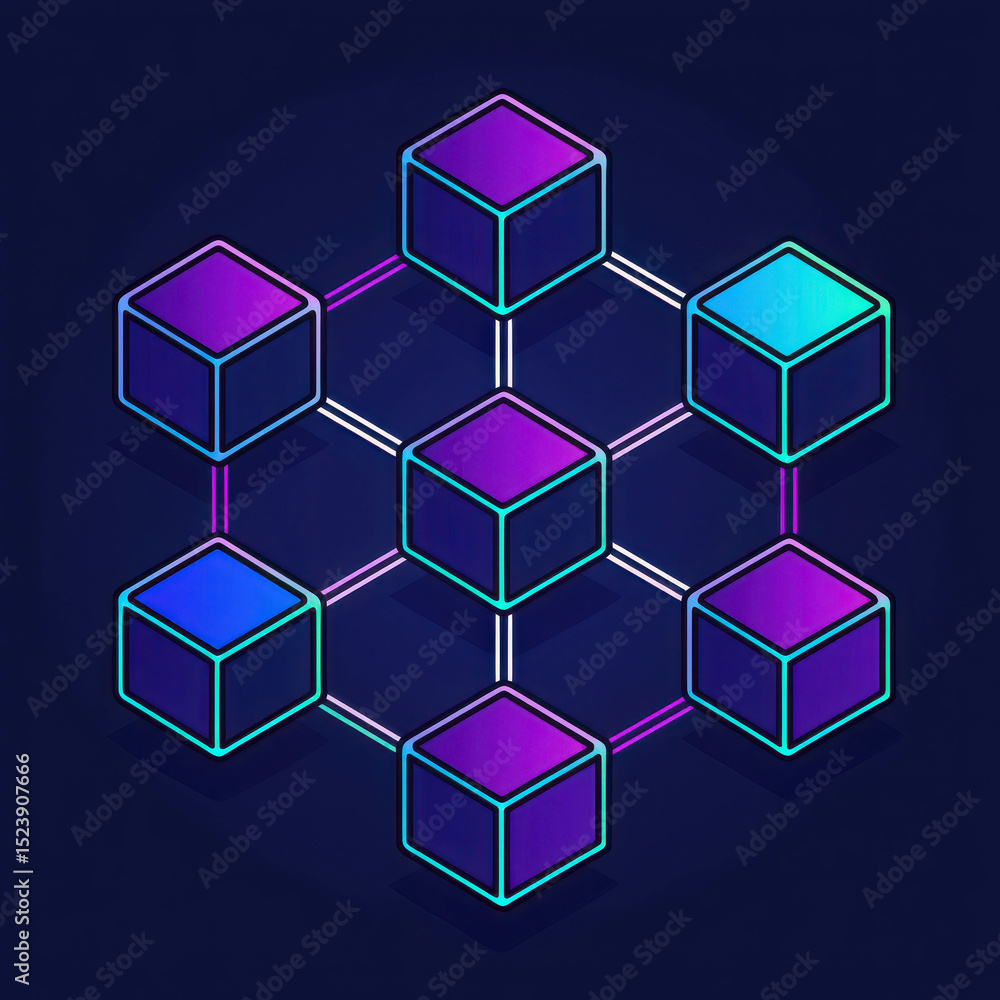 Poster futuristic abstract geometric design with colorful cubes and connecting lines on deep background, id