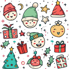 Fototapeta premium Cute Christmas Doodles Set with Festive Elements. Cute Christmas Clipart Set for Holiday Design