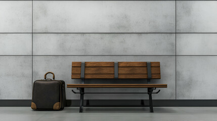 Empty Wooden Bench With Suitcase In Modern Waiting Room
