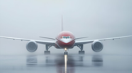 Red And White Airplane Landing In Foggy Weather
