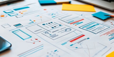 UX designer geometric background, mapping, abstract app wireframes --