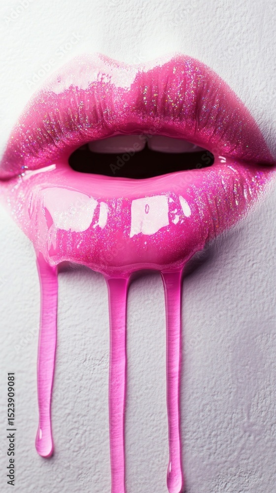 Poster lips adorned with glossy liquid dripping against a minimalist white background creating a striking v