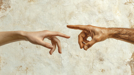 Artistic hands reaching out in a touching creative gesture against a beige textured.