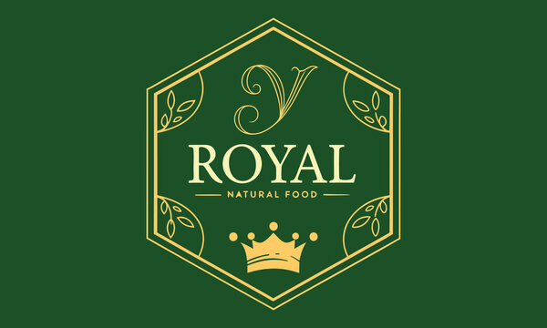 Royal natural food logo design elegant gold crown and letter v hexagon frame green background