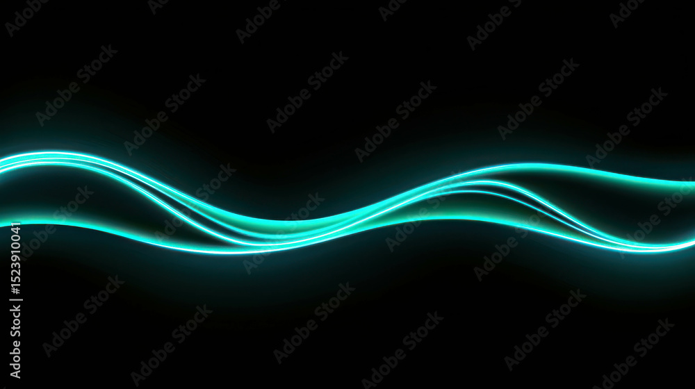 Poster elegant flowing light waves on black background with soft glowing neon effect for abstract and digit