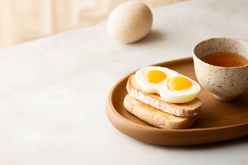 on a surface with a light background, a wooden platter showcases a simple breakfast