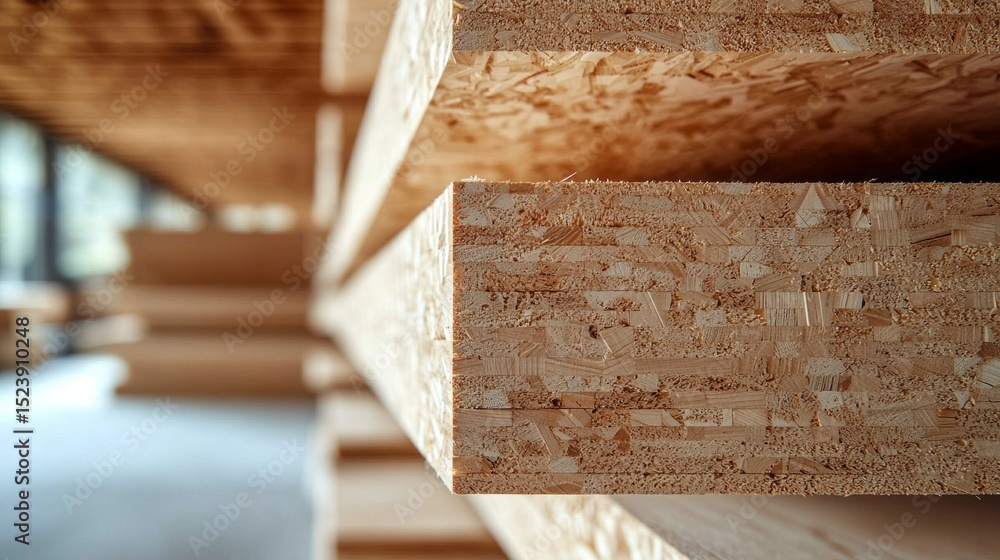 Aufkleber Close-up view of cross-laminated timber showcasing structural details and textures in a modern building environment