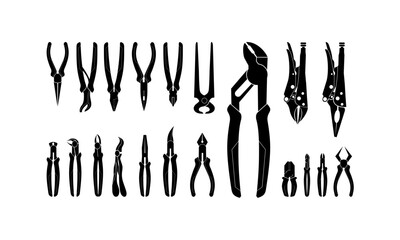 Set of Various Pliers, Pincer and Forceps Silhouette vector illustration