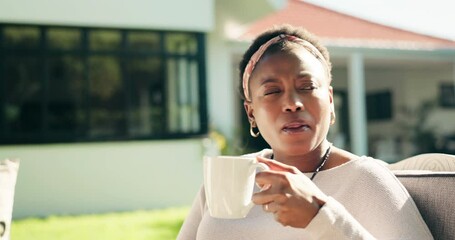 Coffee, thinking and black woman outdoor with ideas, reflection or mindfulness in morning. Happy, cappuccino and African female person drinking latte in home garden with peace, calm or memory.