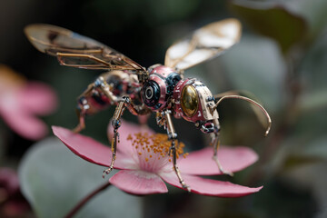 Insecto metálico caminando sobre flor, concepto artístico, futurista y tecnológico.