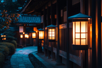 Fototapeta premium Traditional Japanese lanterns illuminating a wooden temple walkway at night