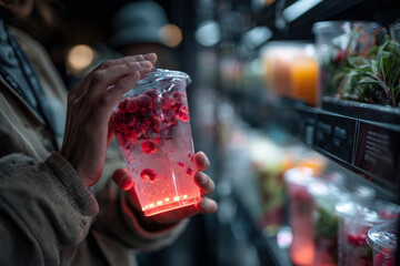 Mano sujetando vaso con bebida iluminada en ambiente nocturno festivo.