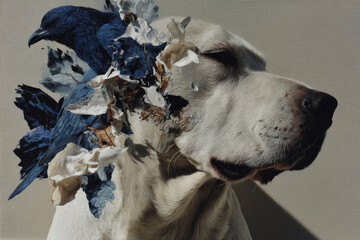 Imagen artística surrealista de un perro con un ave azul, concepto de naturaleza y fantasía.