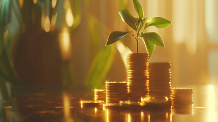 Imagen conceptual de crecimiento financiero con monedas apiladas y plantas emergentes.