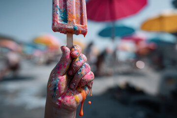 Mano sosteniendo un helado derritiéndose en verano.