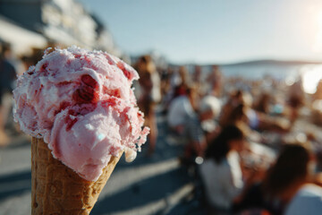Helado derritiéndose en primer plano con fondo desenfocado de gente en día soleado.
