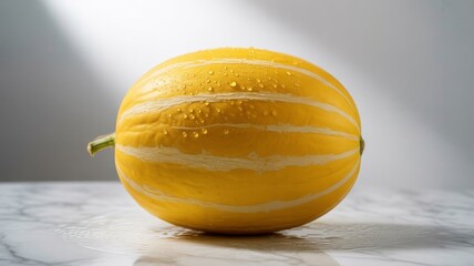 Whole Korean yellow melon with water droplets on vibrant yellow skin and pale stripes, placed on wet marble surface under directional lighting