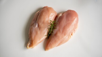 Two raw skinless boneless chicken breasts with fresh rosemary herb on white background in soft studio light for culinary and food preparation