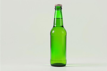 Closed green glass bottle with metallic cap, isolated on light background with clean studio lighting for beverage product display
