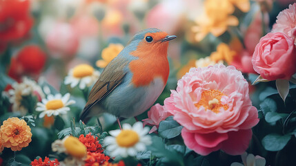 Adorable robin bird resting in vibrant spring flowers garden red pink blue cute.