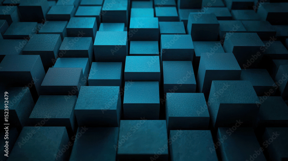 Poster abstract 3d display of textured blue cubes arranged in a grid pattern representing technology, moder