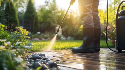 Man in rubber boots cleaning wooden deck with high pressure washer. Seasonal cleaning concept for home improvement and garden maintenance.