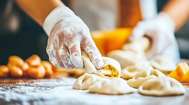 Crafting culinary delights hands in action preparing dumplings with skill and precision