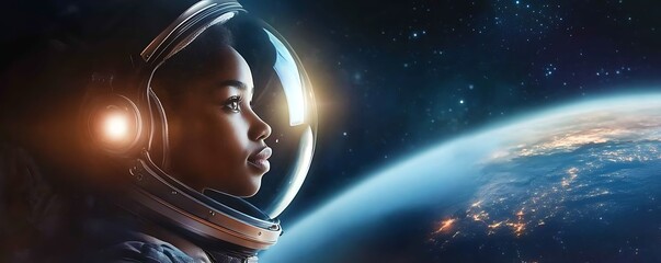 Woman astronaut gazing at planet earth from space. Concept of space exploration and universe discovery. Future of cosmic travel banner