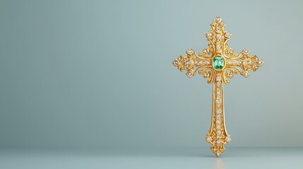 Ornate Gold Cross with Emerald and Diamonds on Light Blue Background