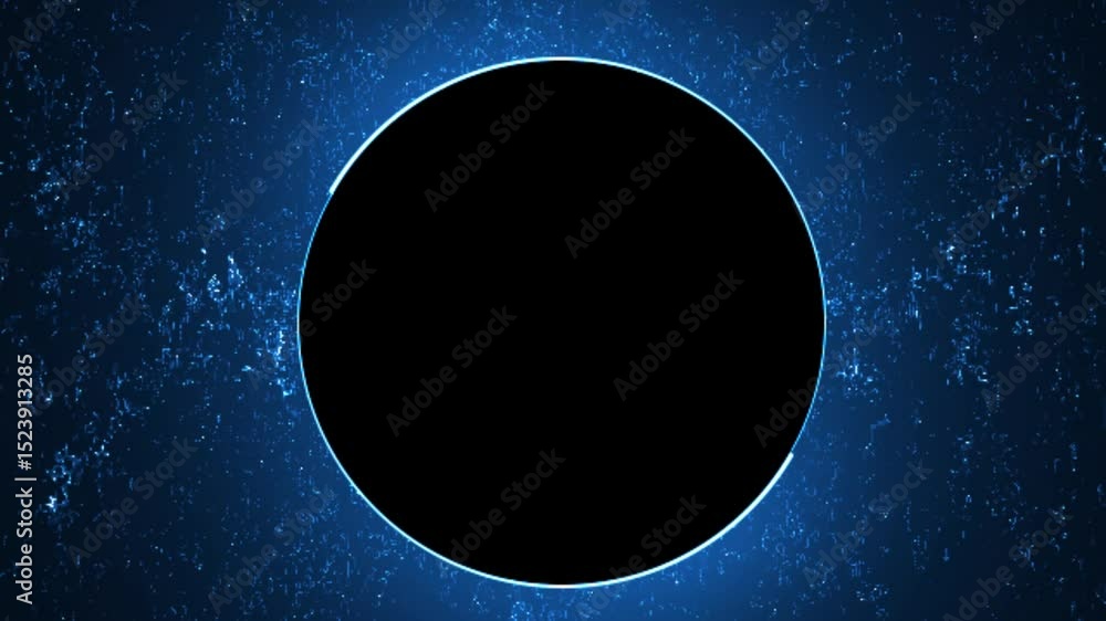 Poster blue neon circle on glitter particle background. endless circular pattern. light streaks with shimme