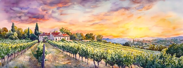 Watercolor painting banner of a vibrant sunset over a tuscan vineyard landscape with a traditional farmhouse and rows of grapevines
