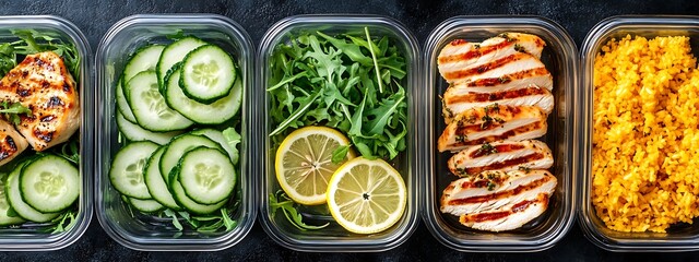 banner of prepared delicious meal in container. Healthy food in plastic box. Balanced diet for fitness and weight control. Fresh dish for daily life