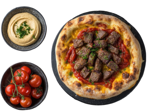 Pizza with hummus and cherry tomatoes