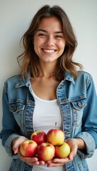 Cheerful woman holding fresh apples