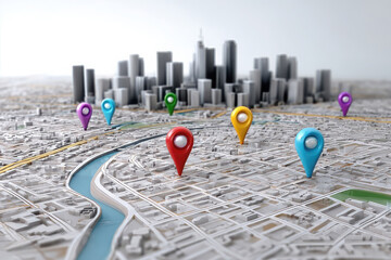 Colorful location markers on city map