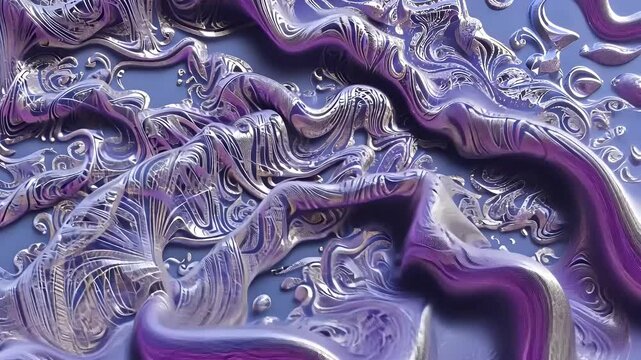 An abstract close-up of swirling purple and silver patterns resembling liquid metal.
