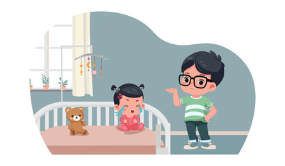 brother looking at crying  baby sister confused vector cartoon illustration