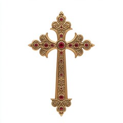 Obraz premium Ornate Gold Cross with Red Gemstones on White Background