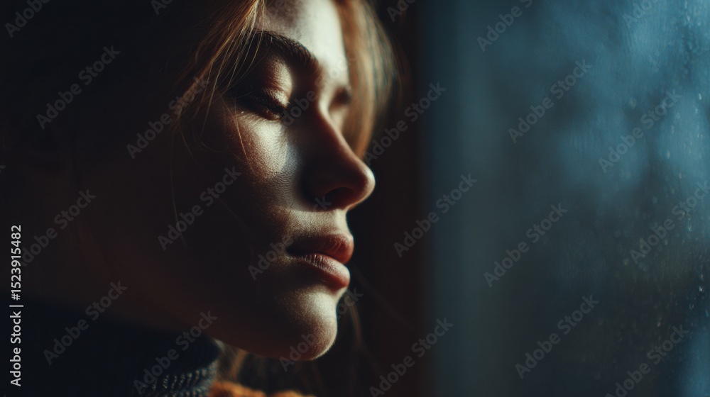 Aufkleber cinematic portrait of a young woman with closed eyes. her face gently illuminated by the warm glow o