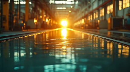 Sunset reflecting on factory floor, industrial production