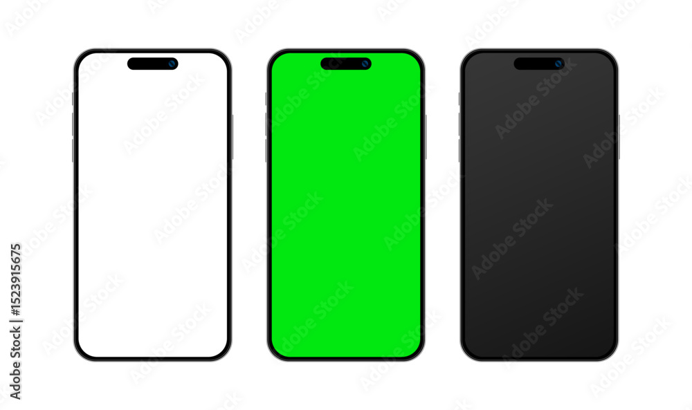 Poster set of smartphone devices mockup with blank white, green and black screen. mobile phone empty displa