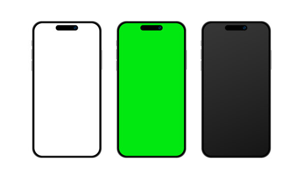 iPhone 16 Pro Max set of smartphone devices mockup with blank white, green and black screen. Mobile phone empty display user interface template collection for advertisement. Vector illustration