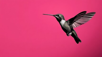 Fototapeta premium Hummingbird in flight against vibrant pink background