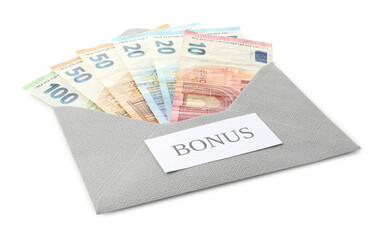 Envelope with word Bonus and euro banknotes isolated on white