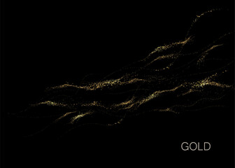 Abstract shiny isolated design element, amazing golden waves on black background.