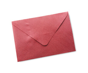 One closed red envelope isolated on white, top view