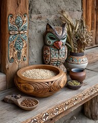 Decorated mask with wooden bowl and pottery high resolution picture