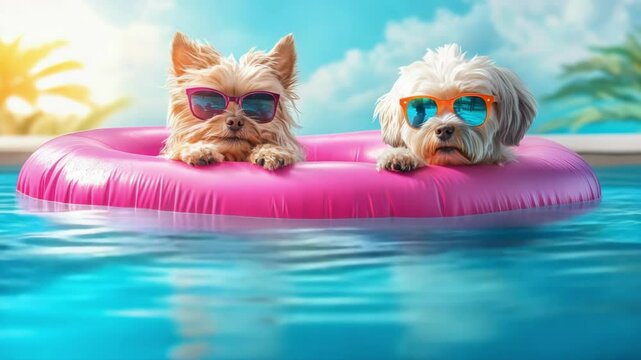 Two cute dogs in sunglasses relax on pink float in bright blue swimming pool on sunny day. Concept of summer fun, pet holiday, vacation, and joy.