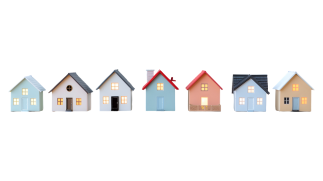 Colorful row of miniature house models against a transparent background, representing real estate investment