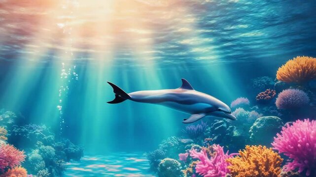 Underwater scene with dolphin swimming above vibrant coral reef landscape, sunlight filtering through the water. Ocean fauna and marine ecosystem showing natural beauty under the light rays.